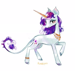 Size: 2048x1952 | Tagged: safe, artist:lutraviolet, rarity, pony, unicorn, g4, alternate design, bracelet, concave belly, female, horn, jewelry, leonine tail, long horn, necklace, simple background, solo, tail, white background