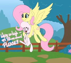 Size: 3347x3000 | Tagged: safe, artist:mrneo, fluttershy, pom (tfh), lamb, pegasus, pony, sheep, them's fightin' herds, g4, adorable distress, cloven hooves, community related, cute, dialogue, duo, female, fence, flying, high res, holding, holding a sheep, mare, tree, wings