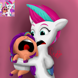 Size: 1280x1280 | Tagged: safe, artist:cjv2004, screencap, sunny starscout, zipp storm, pegasus, pony, g5, making a foal of me, my little pony: tell your tale, spoiler:g5, spoiler:my little pony: tell your tale, spoiler:tyts01e15, age regression, baby, baby pony, crying, female, filly, filly sunny starscout, foal, mane stripe sunny, scene interpretation, screaming, screencap reference, younger
