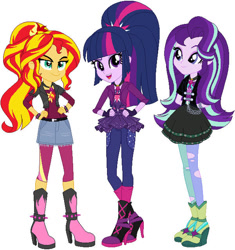 Size: 600x637 | Tagged: dead source, safe, artist:krystal-red-squirrel, artist:selenaede, starlight glimmer, sunset shimmer, twilight sparkle, human, equestria girls, g4, alternate hairstyle, alternate universe, base used, boots, clothes, cutie mark on clothes, dress, fingerless gloves, gloves, hand behind back, hand on hip, high heel boots, high heels, jacket, jewelry, looking at you, necklace, pendant, ponytail, role reversal, shoes, simple background, white background, wristband