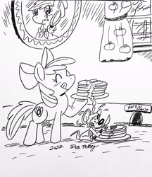 Size: 1768x2048 | Tagged: safe, artist:debmervin, apple bloom, applejack, oc, oc:mervin mouse, earth pony, mouse, pony, g4, eyes closed, female, filly, foal, food, monochrome, pancakes, smiling, text, tongue out