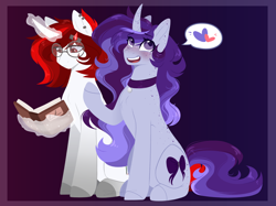 Size: 1742x1300 | Tagged: safe, artist:purplegrim40, oc, oc only, pony, unicorn, abstract background, book, choker, duo, ear piercing, glasses, glowing, glowing horn, horn, magic, pictogram, piercing, reading, smiling, telekinesis, unicorn oc