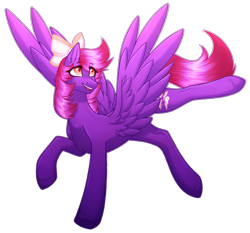 Size: 1603x1493 | Tagged: safe, artist:purplegrim40, oc, oc only, pegasus, pony, bow, flying, grin, hair bow, pegasus oc, simple background, smiling, solo, transparent background, wings