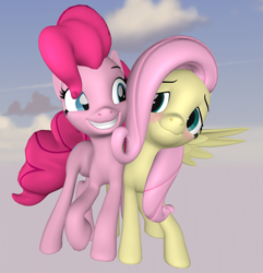 Size: 1042x1080 | Tagged: safe, artist:jarmasxd, fluttershy, pinkie pie, earth pony, pegasus, pony, g4, 3d, blushing, duo, duo female, female, sky, smiling, source filmmaker