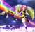 Size: 3603x3373 | Tagged: safe, artist:mauroz, discord, fluttershy, human, g4, absurd file size, blushing, clothes, cloud, dress, female, flying, high res, humanized, keyblade, kingdom hearts, looking at you, night, on a cloud, open mouth, rainbow, sky, smiling, solo, standing on a cloud, stars, weapon, winged humanization, wings