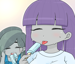 Size: 740x640 | Tagged: safe, artist:batipin, marble pie, maud pie, human, equestria girls, g4, duo, equestria girls-ified, eyebrows, eyebrows visible through hair, eyes closed, female, food, hot, open mouth, popsicle, sweat, tongue out