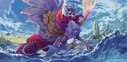 Size: 8192x4000 | Tagged: safe, artist:makkah, artist:yuyusunshine, queen novo, classical hippogriff, hippogriff, g4, absurd resolution, collaboration, detailed, female, flying, mount aris, ocean, solo, spread wings, water, wings