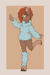 Size: 2000x2956 | Tagged: safe, artist:sneetymist, oc, oc only, oc:soft coffee, earth pony, anthro, unguligrade anthro, blank flank, bottomless, clothes, coat markings, facial markings, female, fluffy, fluffy sweater, high res, leg warmers, mare, no tail, nudity, one eye closed, partial nudity, peace sign, raised leg, simple background, smiling, socks (coat markings), solo, sweater, unshorn fetlocks, wink