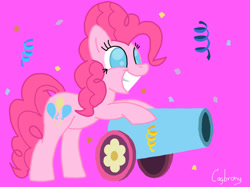Size: 1024x765 | Tagged: safe, artist:thebrokencog, pinkie pie, g4, confetti, female, party cannon, simple background, smiling