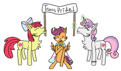 Size: 1330x785 | Tagged: safe, artist:icicle-niceicle-1517, artist:rose-blade, color edit, edit, apple bloom, scootaloo, sweetie belle, earth pony, pegasus, pony, unicorn, g4, apple bloom's bow, banner, bow, bracelet, cape, chest fluff, clothes, collaboration, colored, crying, cutie mark crusaders, eyes closed, face paint, female, glowing, glowing horn, hair bow, horn, jewelry, magic, male, mare, missing cutie mark, mouth hold, older, older apple bloom, older cmc, older scootaloo, older sweetie belle, open mouth, pride, pride flag, pride month, raised hoof, simple background, sitting, stallion, tears of joy, trans male, trans stallion scootaloo, transgender, transgender pride flag, transparent background, trio