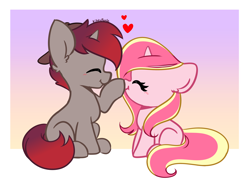 Size: 4078x2965 | Tagged: safe, artist:kittyrosie, oc, oc only, oc:rosa flame, pony, unicorn, boop, cap, duo, ear fluff, eyes closed, gradient background, hat, horn, simple background, unicorn oc