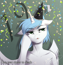 Size: 1264x1306 | Tagged: safe, artist:lunciakkk, oc, oc only, oc:seiko, alicorn, pony, 19, birthday, chest fluff, confetti, floppy ears, hat, party hat, solo, wings