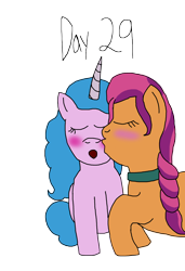 Size: 2000x2921 | Tagged: safe, artist:ktd1993, izzy moonbow, sunny starscout, earth pony, pegasus, pony, g5, 29, cheek kiss, duo, female, high res, kissing, lesbian, ship:moonscout, shipping, simple background, transparent background
