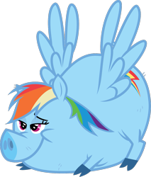 Size: 1125x1321 | Tagged: safe, rainbow dash, flying pig, pig, g4, bedroom eyes, iwtcird, meme, pigified, rainbow pig, simple background, solo, species swap, spread wings, stretching, transparent background, wat, wingboner, wings