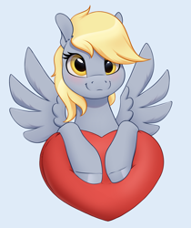 Size: 2350x2800 | Tagged: safe, artist:aquaticvibes, derpy hooves, pegasus, pony, g4, :3, cute, daaaaaaaaaaaw, derpabetes, female, gray background, heart, high res, looking at you, mare, pillow, simple background, solo, spread wings, weapons-grade cute, wingding eyes, wings