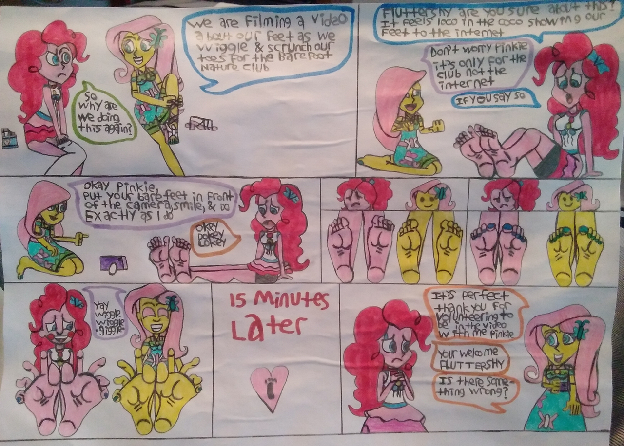 2897305 - suggestive, artist:ewie2002, fluttershy, pinkie pie, human,  equestria girls, g4, barefoot, breasts, comic, feet, fetish, foot fetish,  sandals, shoes removed, soles, traditional art, wiggling toes - Derpibooru