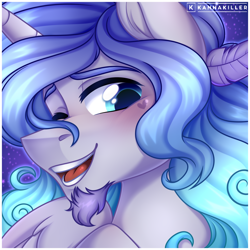 Size: 3000x3000 | Tagged: safe, artist:kannakiller, oc, oc:prince plushy soft, alicorn, pony, alicorn oc, beard, bust, cute, facial hair, fluffy, high res, horn, one eye closed, portrait, solo, wings, wink