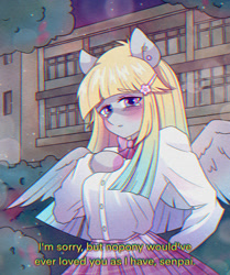 Size: 1920x2300 | Tagged: safe, artist:pierogarts, oc, oc only, oc:brave jockey, pegasus, anthro, arm hooves, breasts, clothes, female, looking at you, mare, school uniform, skirt, solo, subtitles, yandere