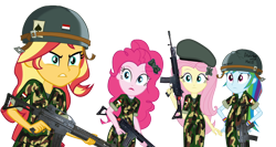 Size: 3410x1808 | Tagged: safe, artist:edy_january, edit, vector edit, fluttershy, pinkie pie, rainbow dash, sunset shimmer, human, equestria girls, g4, army, army helmet, assault rifle, barrette, camouflage, gun, hat, helmet, indonesia, indonesian, military, rifle, simple background, soldier, transparent background, trigger discipline, vector, weapon