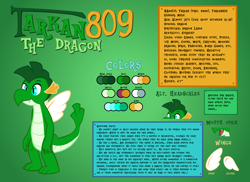 Size: 2200x1600 | Tagged: safe, artist:tarkan809, derpibooru exclusive, oc, oc:tarkan809 the dragon, dragon, alternate hairstyle, bio, dragon oc, non-pony oc, reference sheet, solo, text, updated, updated design, vector, wings