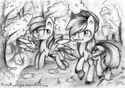 Size: 2312x1627 | Tagged: safe, artist:katemaximova, applejack, rainbow dash, earth pony, pegasus, pony, g4, applejack's hat, cowboy hat, duo, duo female, female, freckles, hat, looking at each other, looking at someone, mare, monochrome, outdoors, traditional art, tree, wings