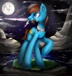 Size: 2000x2100 | Tagged: safe, artist:katemaximova, oc, oc only, earth pony, pony, high res, male, moon, mouth hold, night, outdoors, raised hoof, solo, stallion, sword, weapon