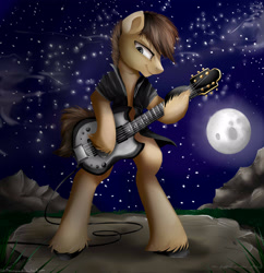 Size: 2409x2489 | Tagged: safe, artist:katemaximova, oc, oc only, earth pony, semi-anthro, arm hooves, bipedal, clothes, electric guitar, guitar, high res, hoof hold, male, moon, musical instrument, night, outdoors, solo, stallion