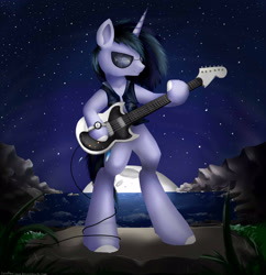 Size: 2409x2489 | Tagged: safe, artist:katemaximova, oc, oc only, unicorn, semi-anthro, arm hooves, bipedal, clothes, electric guitar, guitar, high res, hoof hold, horn, male, moon, musical instrument, night, outdoors, solo, stallion, sunglasses