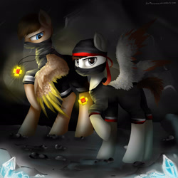 Size: 2449x2449 | Tagged: safe, artist:katemaximova, oc, oc only, pegasus, pony, cave, clothes, duo, duo male, high res, jewelry, looking at you, male, necklace, raised hoof, spread wings, stallion, wings