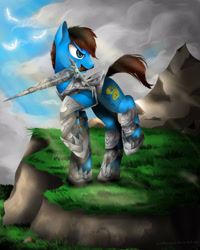 Size: 2190x2738 | Tagged: safe, artist:katemaximova, oc, oc only, bird, earth pony, pony, cloud, male, mouth hold, outdoors, raised hoof, solo, stallion, sword, weapon