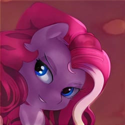 Size: 1024x1024 | Tagged: safe, artist:thisponydoesnotexist, pony, abstract background, blue eyes, eye reflection, looking to side, neural network, not pinkie pie, pink mane, reflection, shadow, smiling, solo