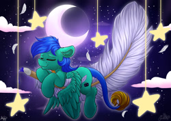 Size: 1920x1358 | Tagged: safe, artist:julunis14, oc, oc only, pegasus, pony, feather, moon, sky, solo, stars