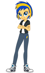 Size: 1280x2084 | Tagged: safe, artist:mlpfan3991, oc, oc:flare spark, human, equestria girls, g4, clothes, converse, crossed arms, cutie mark on clothes, denim, female, jacket, jeans, pants, shirt, shoes, simple background, sneakers, solo, tomboy, transparent background, vector