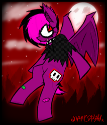 Size: 1262x1480 | Tagged: safe, artist:xxv4mp_g4z3rxx, oc, oc only, oc:violet valium, bat pony, pony, bandage, bat pony oc, clothes, cloud, ear tufts, emo, female, flying, hoodie, moon, red eyes, solo, stars, torn clothes, tree, two toned mane