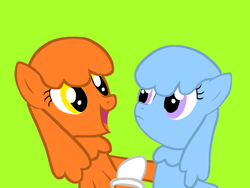 Size: 1600x1200 | Tagged: safe, artist:rainysweet, oc, oc:ginger janes, oc:mary janes, earth pony, pony, g4, blue hair, blue mane, clothes, diaginges, duo, female, frown, gloves, green background, mare, orange hair, orange mane, purple eyes, simple background, smiling, sweater, talking, varying degrees of want, yellow eyes