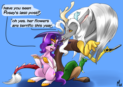 Size: 4961x3508 | Tagged: safe, artist:mekblue, discord, pipp petals, draconequus, pegasus, pony, g5, spoiler:comic, spoiler:g5, spoiler:g5comic, blue background, cellphone, chatting, dialogue, duo, female, flip phone, gossip, horns, implied posey bloom, male, mare, old man discord, phone, simple background, smartphone, speech bubble, wings
