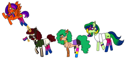 Size: 2786x1318 | Tagged: safe, artist:icicle-niceicle-1517, artist:rose-blade, color edit, edit, oc, oc only, oc:figjam outback, oc:heartspring, oc:jade harmony, oc:maria potranca, earth pony, pegasus, pony, unicorn, amputee, badge, bandana, bisexual pride flag, brazil, cape, cheek fluff, chest fluff, clothes, collaboration, colored, ear piercing, earring, female, flying, glowing, glowing horn, horn, jewelry, levitation, magic, mare, markings, mask, mouth hold, multicolored hair, nonbinary, nonbinary pride flag, open mouth, pansexual, pansexual pride flag, piercing, pin, pride, pride flag, pride month, pride socks, prosthetic leg, prosthetic limb, prosthetics, shirt, shorts, simple background, socks, striped socks, t-shirt, tank top, telekinesis, transparent background, unshorn fetlocks, wall of tags