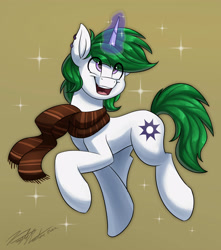 Size: 3100x3500 | Tagged: safe, artist:kaylerustone, oc, oc only, oc:zenith night, pony, unicorn, clothes, high res, looking up, male, open mouth, scarf, simple background, smiling, solo, stallion, striped scarf