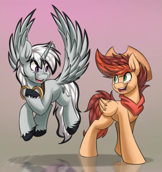 Size: 3300x3500 | Tagged: safe, artist:kaylerustone, oc, oc only, oc:kayle rustone, alicorn, pegasus, pony, duo, flying, gradient background, high res, looking at each other, looking at someone, male, open mouth, simple background, smiling, stallion