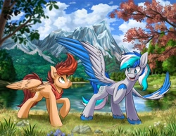 Size: 4096x3157 | Tagged: safe, artist:kaylerustone, oc, oc only, oc:hawker hurricane, oc:kayle rustone, pegasus, pony, bandana, cloud, colored wings, duo, grass, lake, looking away, looking up, male, mountain, nature, open mouth, raised hoof, scenery, scenery porn, smiling, spread wings, stallion, teaching, tree, two toned wings, water, wings