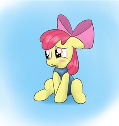 Size: 1134x1201 | Tagged: safe, artist:applebloomlove, apple bloom, earth pony, pony, g4, blushing, clothes, embarrassed, female, filly, foal, one-piece swimsuit, sitting, solo, swimsuit