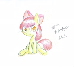 Size: 2048x1867 | Tagged: safe, artist:ya_ma_me_, apple bloom, earth pony, pony, g4, female, filly, foal, looking at you, simple background, sitting, solo, traditional art, white background