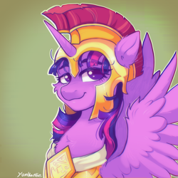 Size: 2464x2464 | Tagged: safe, artist:yumkandie, twilight sparkle, alicorn, pony, g4, armor, athena sparkle, bust, costume, helmet, high res, looking at you, royal guard armor, smiling, smiling at you, solo, spread wings, twilight sparkle (alicorn), wings