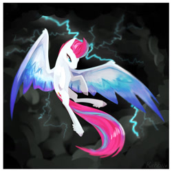 Size: 1280x1280 | Tagged: safe, artist:pointdelta, zipp storm, pegasus, pony, g5, cloud, female, flying, lightning, mare, signature, solo, spread wings, storm, thunderstorm, wings