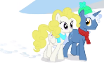 Size: 148x91 | Tagged: safe, artist:sillyfillystudios, pokey pierce, surprise, pegasus, pony, unicorn, snowdrop (animation), g1, g4, adoraprise, clothes, colt, cute, female, foal, g1 to g4, generation leap, hat, horn, male, mare, picture for breezies, scarf, smiling, snow, stallion, walking, wings, youtube link