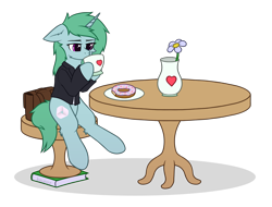 Size: 2148x1636 | Tagged: safe, artist:keupoz, oc, oc only, oc:kazumi, pony, unicorn, book, chair, clothes, commission, cup, donut, eyebrows, floppy ears, flower, food, heart, horn, plate, shadow, signature, simple background, sitting, solo, stool, suit, suitcase, table, teacup, transparent background, unicorn oc, vase