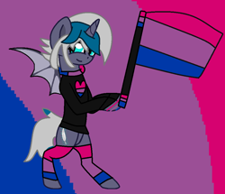 Size: 926x798 | Tagged: safe, artist:jadeharmony, artist:madzbases, oc, oc only, oc:elizabat stormfeather, alicorn, bat pony, bat pony alicorn, pony, alicorn oc, base used, bat pony oc, bat wings, bipedal, bisexual pride flag, clothes, female, flag, heart, horn, mare, pride, pride flag, pride month, pride socks, shirt, socks, solo, striped socks, wings