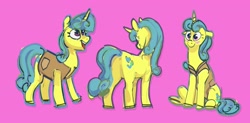 Size: 3294x1617 | Tagged: safe, artist:alumx, lemon hearts, pony, unicorn, g4, anus, blushing, butt, female, mare, pink background, plot, simple background, simplistic anus, sitting, smiling, solo