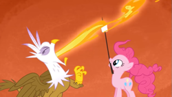 Size: 667x380 | Tagged: safe, screencap, gilda, pinkie pie, earth pony, griffon, pony, g4, griffon the brush off, season 1, eyes closed, female, fire, fire breath, food, mare, marshmallow, mouth hold, smiling, youtube link