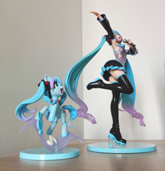 Size: 3000x3107 | Tagged: safe, kotobukiya, earth pony, human, pony, anime, clothes, crossover, cute, duality, hatsune miku, high res, irl, merchandise, open mouth, open smile, photo, ponified, self paradox, self ponidox, shorts, skirt, smiling, vocaloid